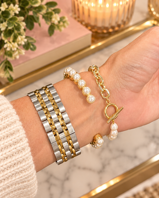 Lauren Kenzie Pearl & Gold Link Bracelet