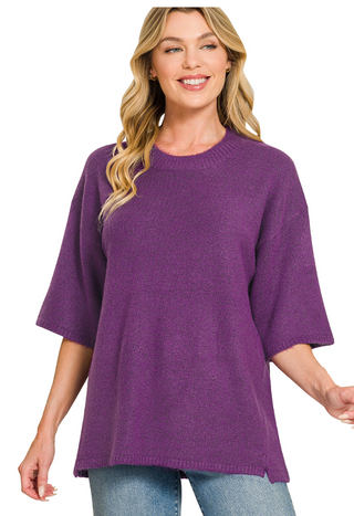 Relaxed Days Short Sleeve Sweater Top - Purple