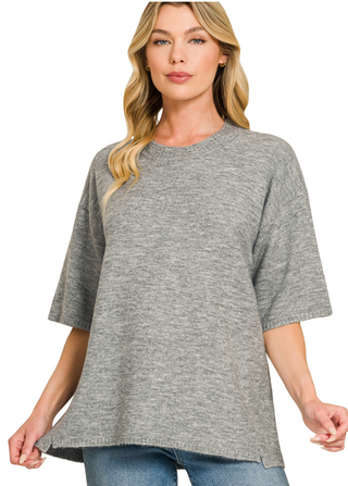 Relaxed Days Short Sleeve Sweater Top - Grey