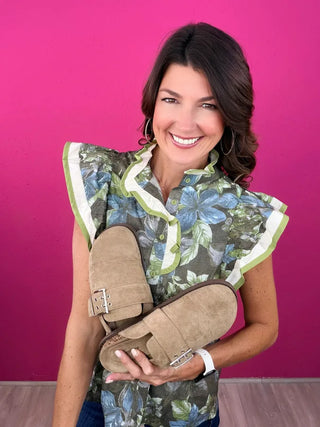 Suede Slip On Buckle Clogs