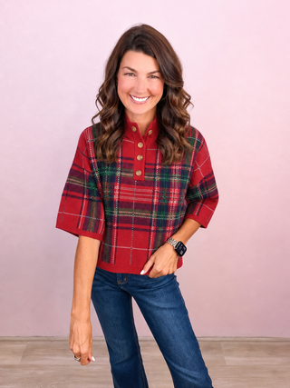 Plaid to be Yours  Sweater Top - Red