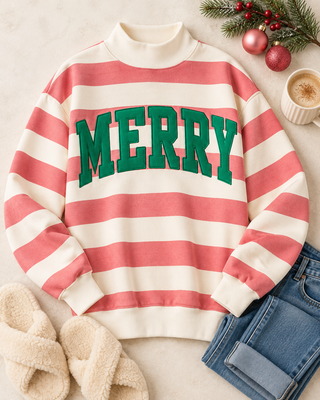 PREMIUM Emroidered MERRY Striped Mock Neck Pullover Sweatshirt