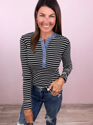 Denim & Stripes Henley Top