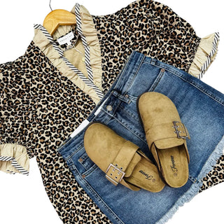 Suede Slip On Buckle Clogs