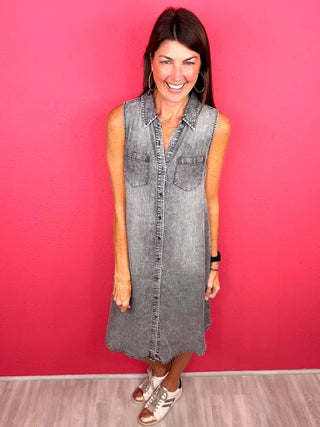 Charming Through Sleeveless Denim Dress